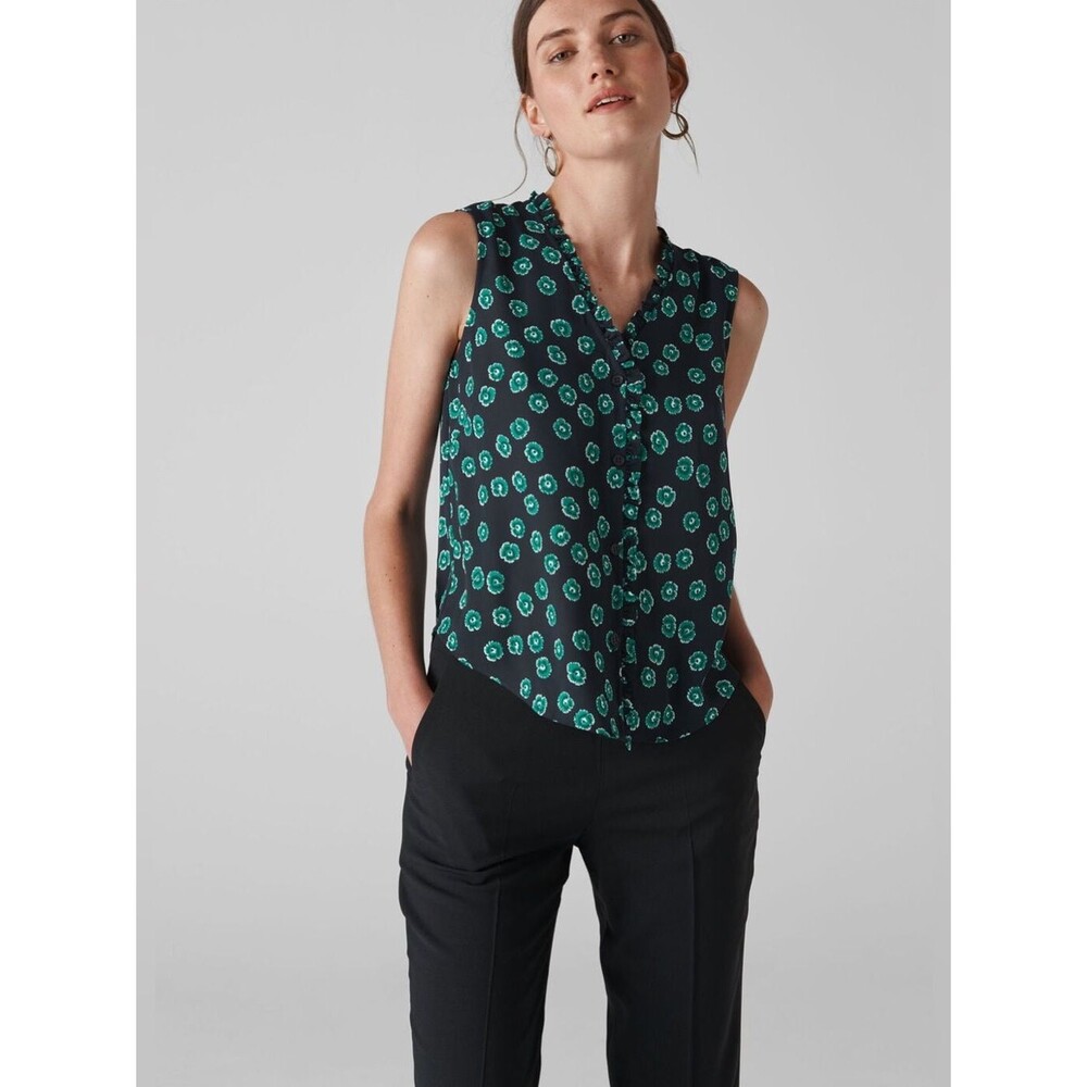 Whistles Green Maddie Lenno Print Frill Button Down Sleeveless Top Sz 6